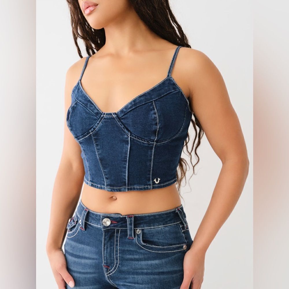 True Religion Dark Denim Corset Crop Tank Top